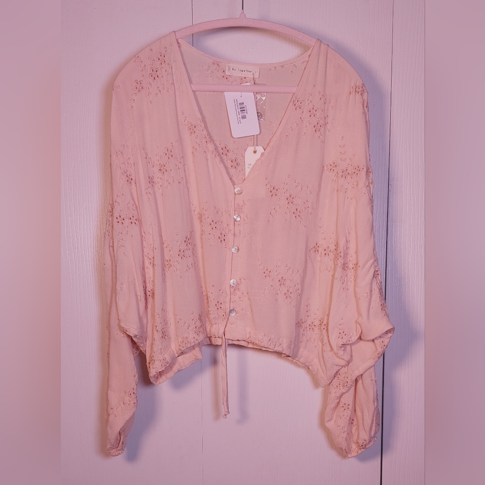 By Together NWT Blush Taupe The Posey Embroidered Eyelet Size Large Top Blouse